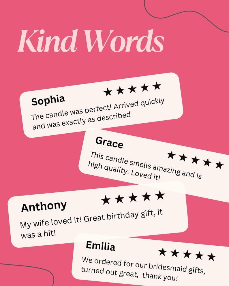 three positive reviews of candles, with stars indicating that the candles were perfect and were exactly as described.