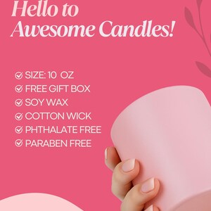 a hand holding a pink candle against a pink background with text promoting candles.