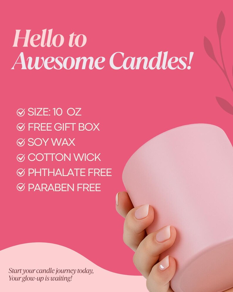 a hand holding a pink candle against a pink background with text promoting candles.