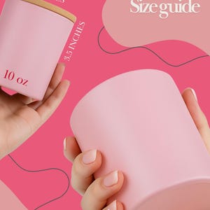 a person's hands holding two pink candles, with a pink background and text providing size information.