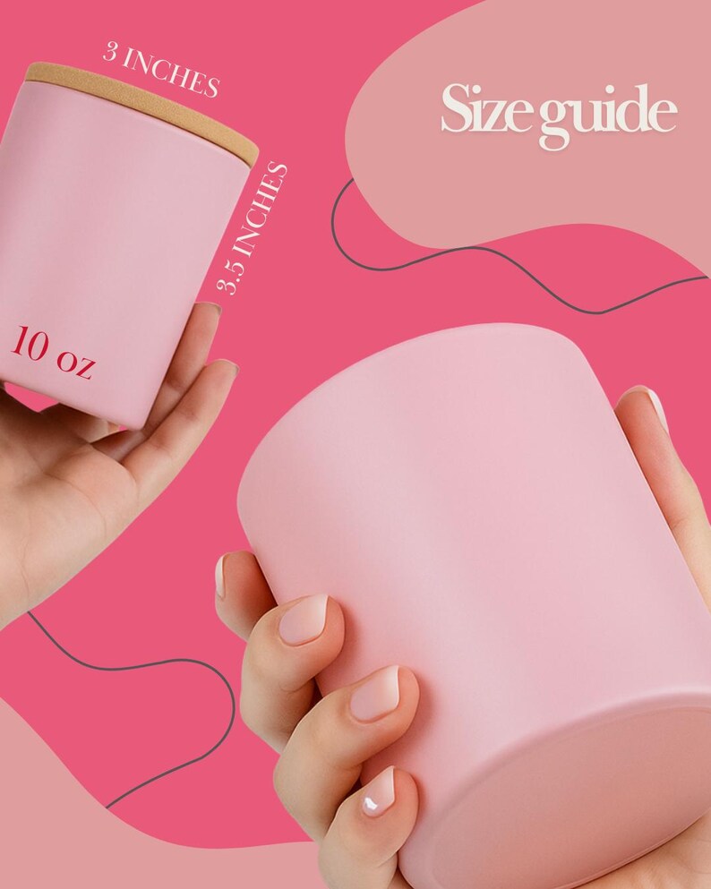 a person's hands holding two pink candles, with a pink background and text providing size information.