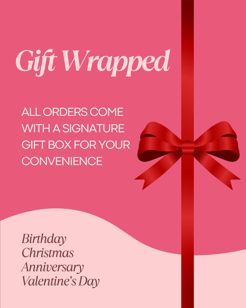 The image is a promotional poster for a gift wrapped with a signature gift box, featuring a red ribbon bow on a pink background.