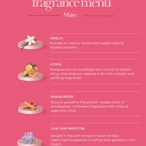 The image is a fragrance menu with four different scents represented by images of flowers or ingredients.