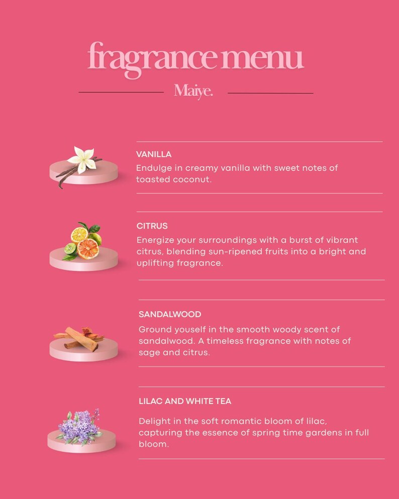 The image is a fragrance menu with four different scents represented by images of flowers or ingredients.