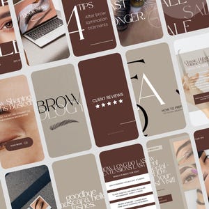 Puede incluir: Una colección de publicaciones en redes sociales sobre un fondo neutro. Las publicaciones presentan texto sobre cejas, pestañas y tratamientos de belleza. La paleta de colores incluye marrón, beige y blanco. Algunas publicaciones incluyen imágenes de ojos y portátiles.