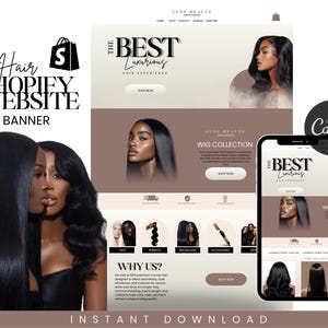 Peut inclure: Une bannière de site web pour une boutique de cheveux, avec le texte "Hair Shopify Website Banner". La conception comprend des images de femmes aux longs cheveux noirs et un téléphone portable affichant le site web. La bannière comprend également le texte "The Best Luxurious Hair Experience."