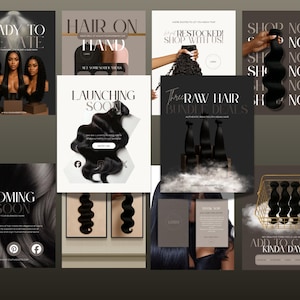 May include: A collection of promotional graphics for hair extensions. The images showcase models with long, dark hair, bundles of hair, and text including "Ready to Elevate," "Hair on Hand," and "Launching Soon." The overall style is contemporary and stylish.