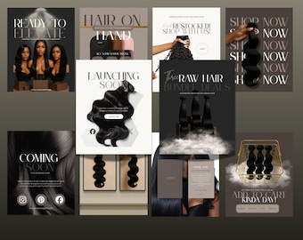 May include: A collage of promotional images for hair extensions. The images feature models with long, dark hair, bundles of hair, and text such as "Ready to Elevate," "Hair on Hand," and "Launching Soon." The overall aesthetic is modern and elegant.