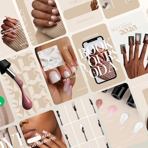 Nail Tech Template, 25 Beige Instagram Posts | Editable Canva Marketing Designs