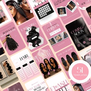 Puede incluir: Una colección de plantillas de redes sociales rosas y blancas para extensiones de cabello y productos de belleza. Las plantillas incluyen imágenes de mechones de cabello, modelos y texto promocional como "Nueva Colección" y "Coming Soon". La imagen también incluye un círculo con el texto "51 TEMPLATES".