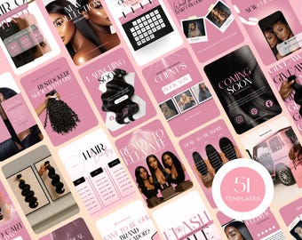 May include: A collection of pink and white social media templates for hair extensions and beauty products. The templates include images of hair bundles, models, and promotional text such as "New Collection" and "Coming Soon". The image also includes a circle with the text "51 TEMPLATES".