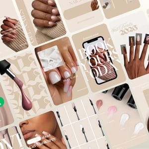 Könnte beinhalten: Eine Collage von Bildern, die Nagelkunst und Maniküre-Dienstleistungen präsentieren. Die Bilder zeigen verschiedene Nageldesigns, einschließlich Gel-Maniküre, und den Text "BOOK YOUR TODAY". Die Farbpalette umfasst Beige, Rosa und Weiß, mit einem Fokus auf Schönheit und Nagelpflege.