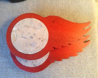 Detroit Red Wings Coasters in Solid Hardwood and Designer Cork