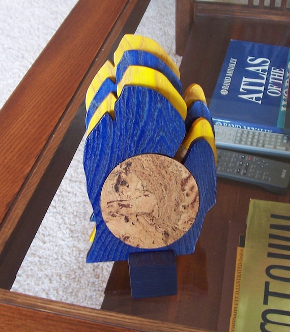 Michigan Coaster - Set of 2 in Hardwood University of Michigan Stain Colors, Polyurethane Finish with Designer Cork Insert