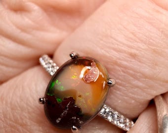 Anillo ajustable de ópalo de fuego mexicano de 8 mm x 6 mm