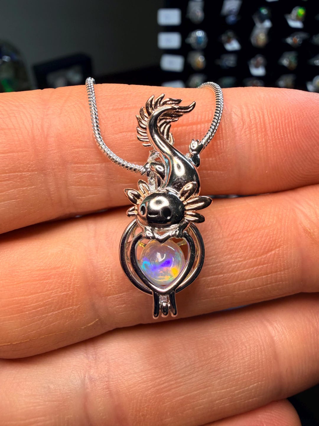 Axolotl Pendant Containing a 1 Carat Ethiopian Opal Sphere and Sterling ...