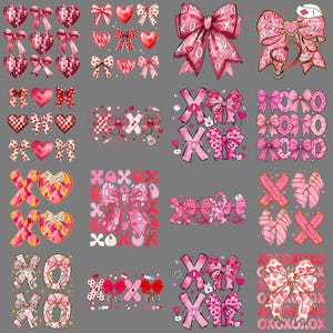 May include: A selection of pink and red Valentine's Day-themed graphics. The designs include hearts, bows, and the letters XOXO. Some bows have the word "O" and the letters "X" on them. The graphics are on a grey background.