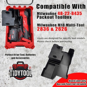 May include: Red toolbox with a black liner, designed to fit Milwaukee tools. The image includes text that says "Compatible With Milwaukee Packout Toolbox" and "Perfect fit for Tool, Batteries and Accessories."