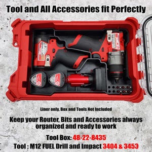 May include: A red tool box with black interior compartments, holding a drill, batteries, and accessories. The text on the image reads "Tool and All Accessories fit Perfectly" and "Keep your Router, Bits and Accessories always organized and ready to work."