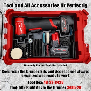 May include: A red tool box with a black interior, housing a die grinder, accessories, and batteries. The text "Tool and All Accessories fit Perfectly" is visible. The text "Keep your Die Grinder, Bits and Accessories always organized and ready to work" is also visible.
