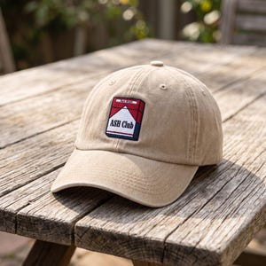ASH Club Embroidered Hat, Vintage Khaki Dad Hat, Funny Parody Patch Cap, Retro 90s Streetwear Baseball Hat, Ironic Edgy Aesthetic Gift