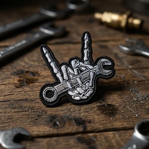 Rock On Wrench Skeleton Patch - Mechanic Tool Hand Embroidered Iron On Badge - Edgy Patch for Clothing and Accessories - Gift for Gearhead