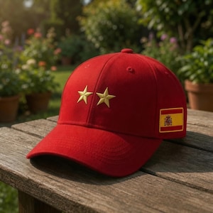 May include: A bright red baseball cap featuring two embroidered gold stars on the front panel and a rectangular patch of the Spanish national flag with its coat of arms stitched onto the side panel. The cap has a curved brim and stitched eyelets.