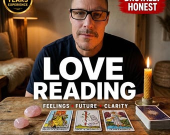 May include: A man with glasses is centered in a photo with the words "LOVE READING" in large white letters. Tarot cards and rose quartz crystals are on a wooden table. Text includes "FEELINGS FUTURE CLARITY" and "SAME DAY REAL ANSWERS". A lit candle is on the right.