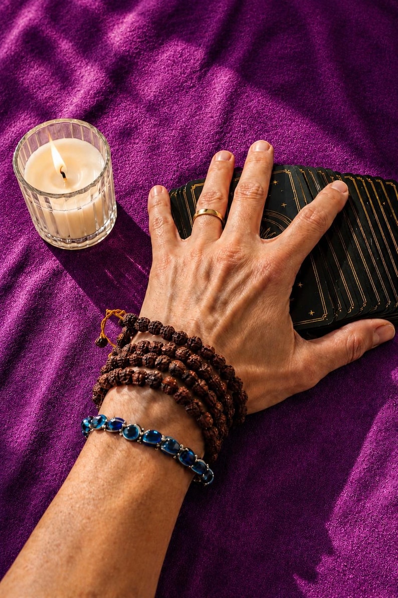 May include: A lit candle in a clear glass holder, a deck of tarot cards, and two bracelets on a purple surface. One bracelet is made of brown beads, and the other has blue stones. A hand with a gold ring rests on the cards.