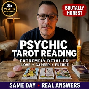 May include: Image promoting psychic tarot readings. The text reads "Psychic Tarot Reading" with the words "Love, Career, Future" below. The image includes tarot cards, rose quartz crystals, and a lit candle. The text "Same Day, Real Answers" is also present.