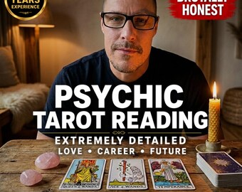 May include: Image promoting psychic tarot readings. The text reads "Psychic Tarot Reading" with the words "Love, Career, Future" below. The image includes tarot cards, rose quartz crystals, and a lit candle. The text "Same Day, Real Answers" is also present.