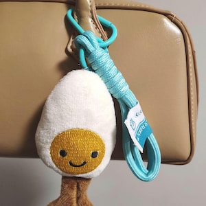 plush keychain,Plush Bag Charm,Boiled Egg Cute Foodie , Breakfast Lover Gift, Kawaii Soft Egg Plushie with Legs, Blue Rope Keyring Keychain