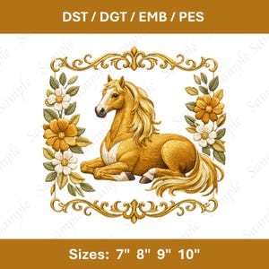 May include: A golden horse embroidery design, lying down, within a gold ornate frame. The design includes yellow and white flowers and green leaves. The text at the top says "DST / DGT / EMB / PES". The sizes are 7", 8", 9", and 10".