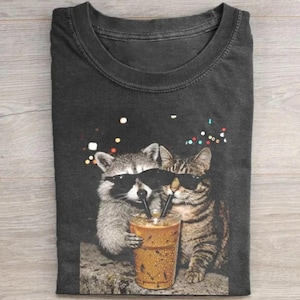 Funny Raccoon Cat Coffee Shirt, Iced Coffee Lover Gift, Vintage 90s Dog Meme Tee, Retro Raccoon Lover Shirt, Cute Animal Graphic Top