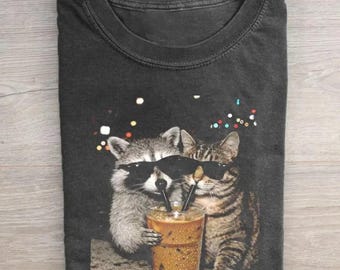 Funny Raccoon Cat Coffee Shirt, Iced Coffee Lover Gift, Vintage 90s Dog Meme Tee, Retro Raccoon Lover Shirt, Cute Animal Graphic Top