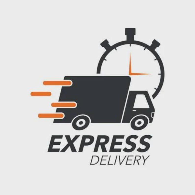 May include: An illustration of a black delivery truck with orange speed lines, a stopwatch, and the words "EXPRESS DELIVERY" in black. The background is a light gray.