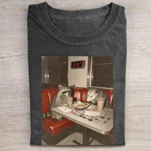 Vintage Raccoon and Opossum Diner Shirt, Weirdcore Trash Panda Graphic Tee, Funny Relatable Late Night Coffee Comfort T-Shirt Gift