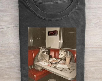 Vintage Raccoon and Opossum Diner Shirt, Weirdcore Trash Panda Graphic Tee, Funny Relatable Late Night Coffee Comfort T-Shirt Gift