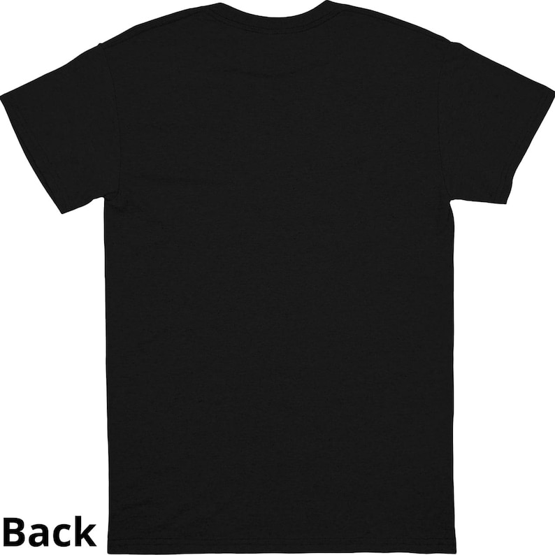May include: Solid black t-shirt with short sleeves. The word "Back" is printed in white at the bottom left corner. The shirt is made of a soft, comfortable material.