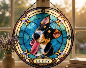 Personalized Dog Portrait Stained Glass Suncatcher, Custom Pet Memorial Stained Glass Photo Suncatcher, Dog Loss Keepsake, Pet Loss Gift