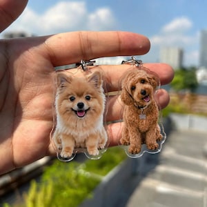 May include: Two clear acrylic keychains featuring printed images of dogs. The left keychain displays a light brown, fluffy Pomeranian with its mouth open. The right keychain shows a curly-haired, medium brown poodle wearing a small bone-shaped tag.