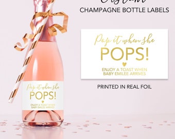 Pop It When She Pops Champagne Labels, Baby Shower Mini Champagne Bottle Labels, Gold Baby Shower Champagne Labels