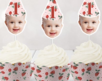Berry First Birthday Custom Face Cupcake Toppers, Berry Sweet Cupcake Toppers, Berry 1st Birthday Cupcake Wrapper and Toppers - 24 ct.