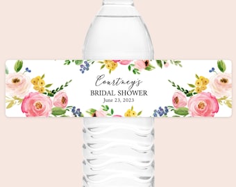 Watercolor Floral Bridal Shower Water Bottle Labels Pink Bridal Shower Water Bottle Labels Personalized Baby Shower Water Bottle Label