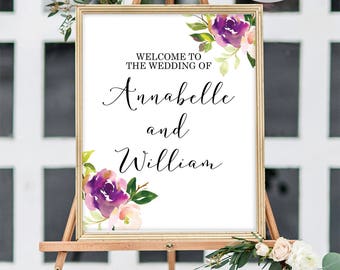 Wedding Welcome Sign Purple Floral Wedding Welcome Sign Welcome Wedding Sign Printed Wedding Welcome Sign Welcome to our Wedding Sign