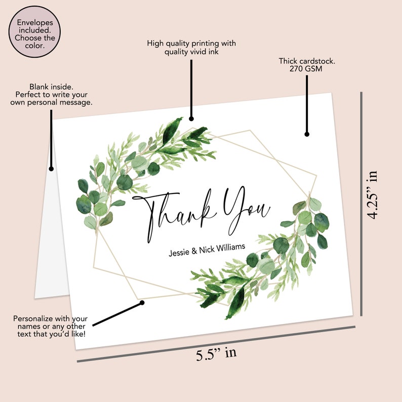 Greenery Personalized Thank You Cards, Greenery Wedding Thank You Cards, Personalized Thank You Cards, Greenery Note Cards Printed Thank You image 3