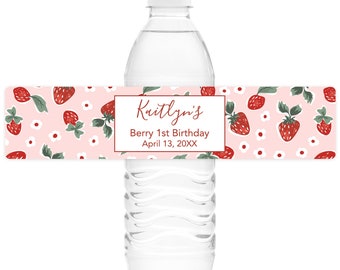 Berry First Birthday Water Bottle Labels, Strawberry Birthday Water Bottle Labels, Berry Sweet Water Bottle Labels, Printed Water Label