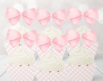 Pink Bow Cupcake Wrappers and Treat Picks - 24 Ct