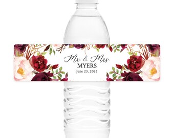 Marsala Floral Water Bottle Labels Printed Water Bottle Labels Waterproof Water Bottle Labels