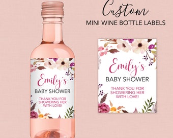 Boho Baby Shower Wine Bottle Labels, Baby Shower Mini Wine Bottle Labels Boho Baby Shower Favor Sticker Floral Baby Shower Labels
